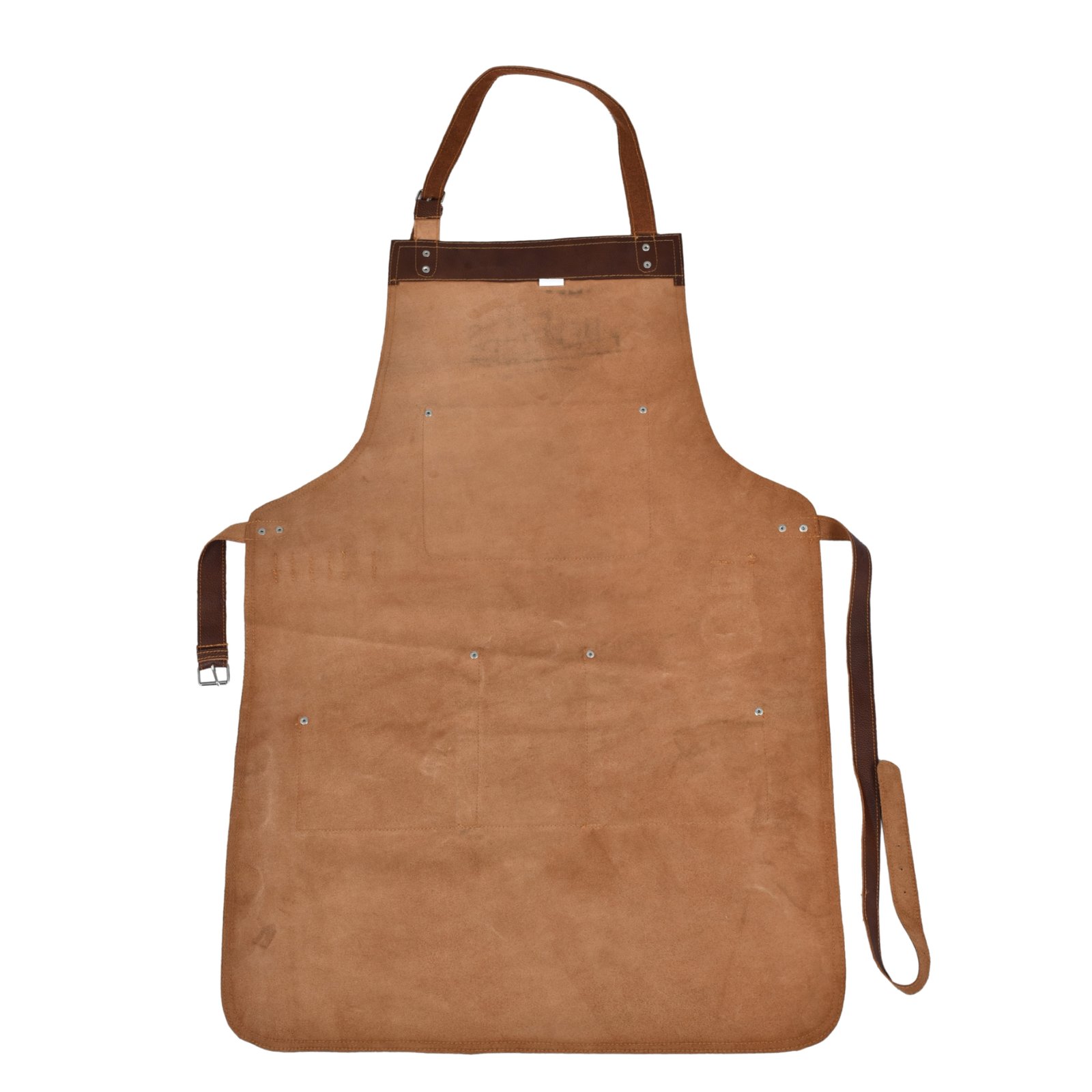 Rückansicht der DEMHAAS BBQ Lederschürze aus glattem Rindsleder in Vintage-Braun