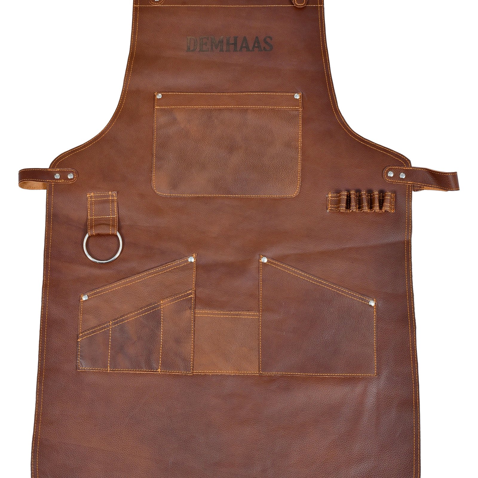 Vorderansicht der DEMHAAS Lederschürze aus echtem Rindsleder mit Taschen